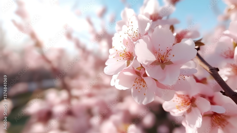 Fototapeta premium A captivating scene of cherry blossoms with soft pink petals illuminating the branches, signifying the arrival of spring and the happiness it brings to observers.