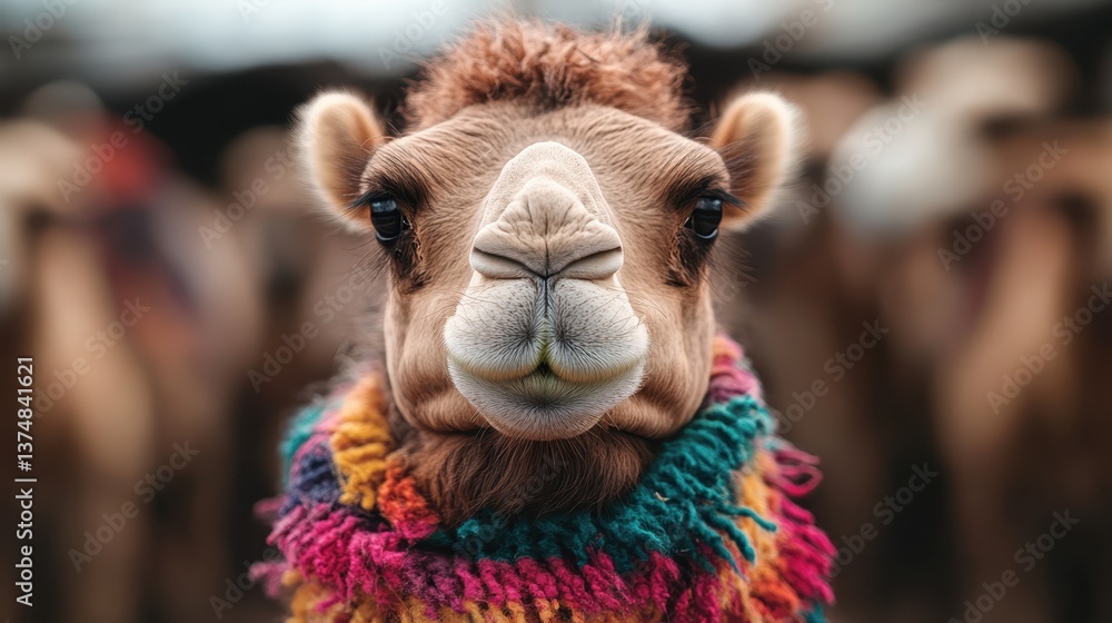 Obraz premium A stylish camel showcases its personality while wearing a vibrant scarf amidst a group of camels, capturing the essence of charm and uniqueness in wildlife.