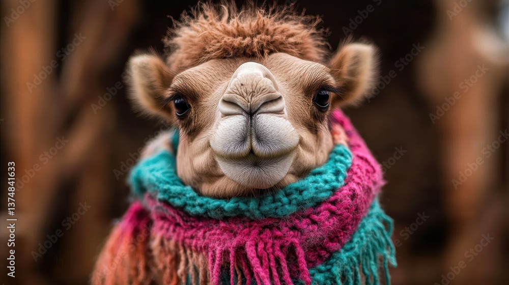 Fototapeta premium A charming camel with expressive features, adorned in a vibrant knitted scarf, captures attention and exudes personality, blending nature with playful fashion.
