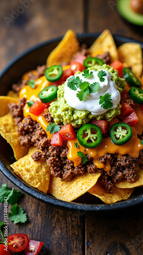 Fully loaded nachos with beef, cheese, and toppings isolated on transparent background, ideal for food blogs, menus, and Mexican cuisine ads    keywords:   nachos, loaded, tortilla, chips, golden, 