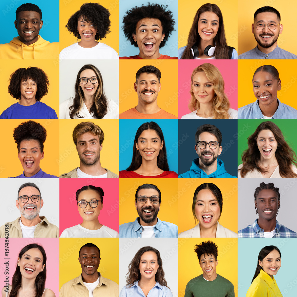 A lively collection showcases a diverse range of men and women smiling and laughing against vibrant backgrounds. Each person represents a unique cultural heritage and joyful spirit. A lively collection showcases a diverse range of men and women smiling and laughing against vibrant backgrounds. Each person represents a unique cultural heritage and joyful spirit.