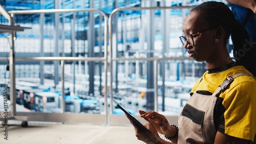 Worker using tablet in smart factory, collecting and analyzing data. Expert using tracking software on device in industry 4.0 industrial plant equipped with advanced sensors, camera A close up