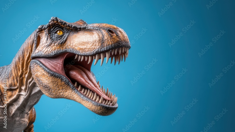 Obraz premium Realistic dinosaur head close-up with detailed texture against blue backdrop showcasing fierce expression