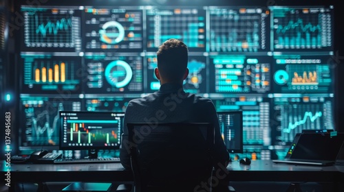 Obraz na płótnie Data analyst monitors multiple dashboards for business insights and trends using advanced analytics tools