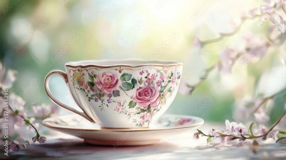 A classic teacup drawing with elegant details and floral accents A classic teacup drawing with elegant details and floral accents