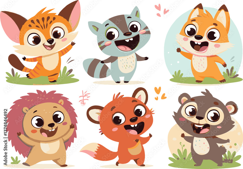 A delightful digital illustration featuring six adorable cartoon animals playing happily. Perfect for children’s books, greeting cards, educational materials, and playful designs. A delightful digital illustration featuring six adorable cartoon animals playing happily. Perfect for children’s books, greeting cards, educational materials, and playful designs.