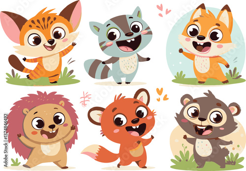 A delightful digital illustration featuring six adorable cartoon animals playing happily. Perfect for children’s books, greeting cards, educational materials, and playful designs.