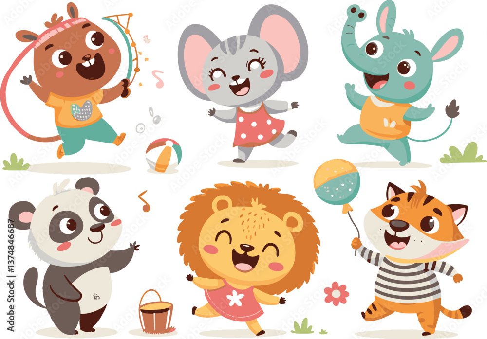 Naklejka premium A delightful digital illustration featuring six adorable cartoon animals playing happily. Perfect for children’s books, greeting cards, educational materials, and playful designs.