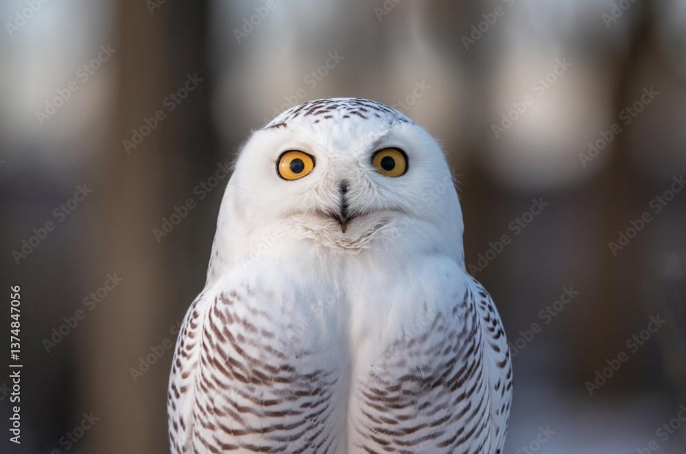 Obraz premium A close-up shot of a snowy owl's face with eyes wide open