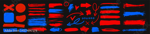 Vector strokes made with a brush, isolated on a dark background. Red and blue elements ink lines including hand-drawn arrows. A set of vector texture, stickers and doodles, use for decoration, collage