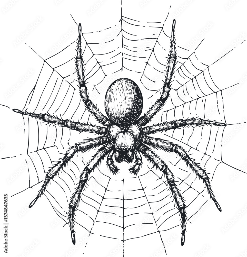 Obraz premium Spider on web illustration with detailed line art in black and white. Vector illustration