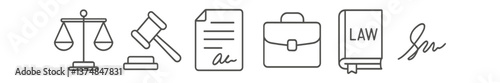 Minimalist legal icons set featuring scales, gavel, document, briefcase, law book vector.