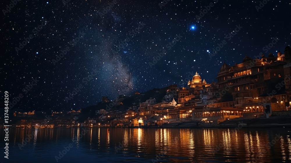 A clear night sky over Shri Ram Ghat with stars shining brightly A clear night sky over Shri Ram Ghat with stars shining brightly