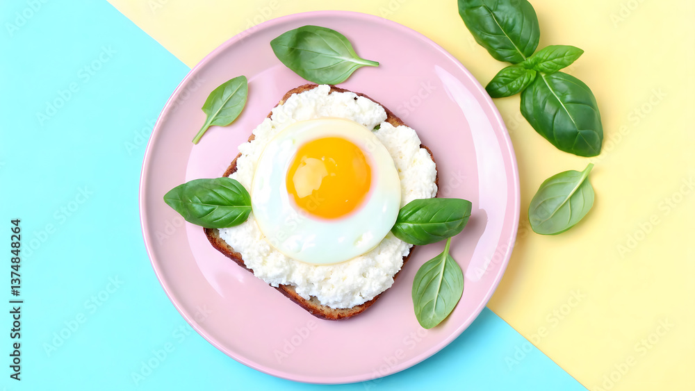 vibrant breakfast setup featuring fried egg on slice of toast, surrounded by fresh basil leaves, evokes cheerful and healthy vibe vibrant breakfast setup featuring fried egg on slice of toast, surrounded by fresh basil leaves, evokes cheerful and healthy vibe