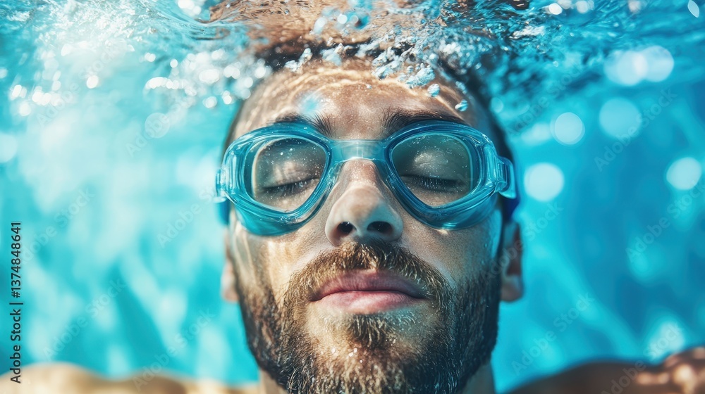 Fototapeta premium A tranquil image of a man with his eyes closed underwater, emphasizing peace and introspection, surrounded by the vibrant sparkle of water bubbles and reflections above.