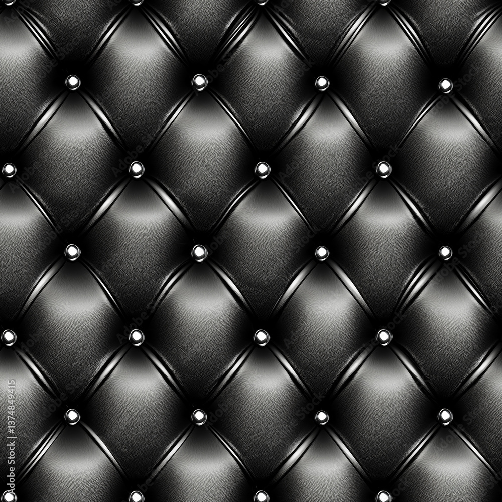 Naklejka premium Seamless black leather upholstery with diamond button tufting, luxury furniture or car interior texture, elegant dark background for high-end design projects