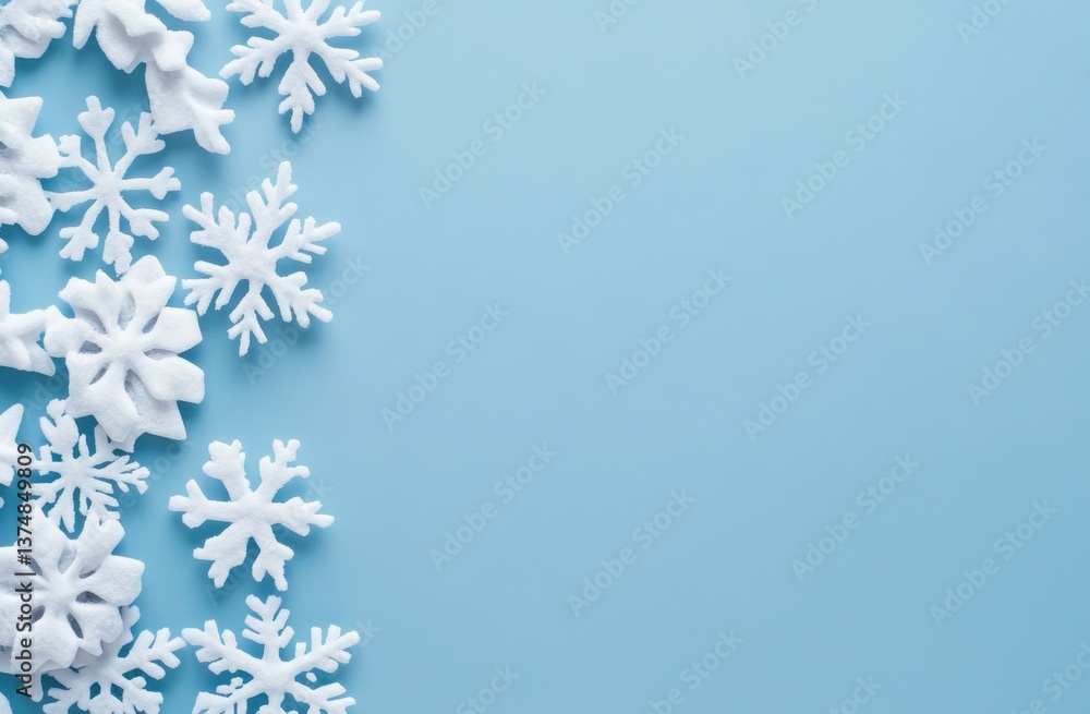Blue background with white snowflakes on the left side, creating an atmosphere of cold weather and winter activities Generative AI Blue background with white snowflakes on the left side, creating an atmosphere of cold weather and winter activities Generative AI