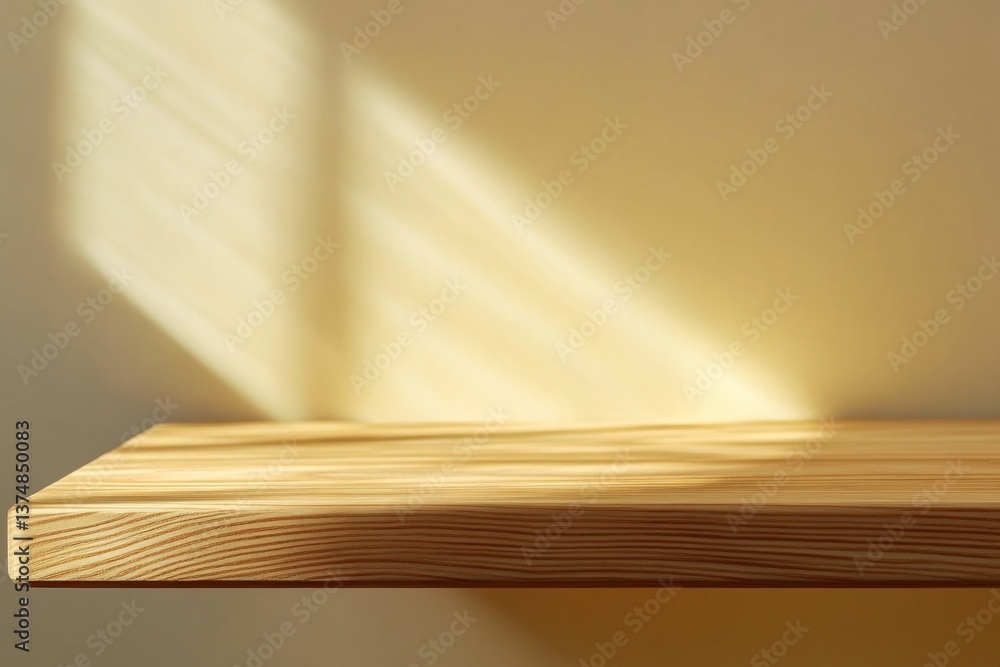 Wooden shelf, sunlight, shadow, wall. Empty display shelf, product mockup Wooden shelf, sunlight, shadow, wall. Empty display shelf, product mockup