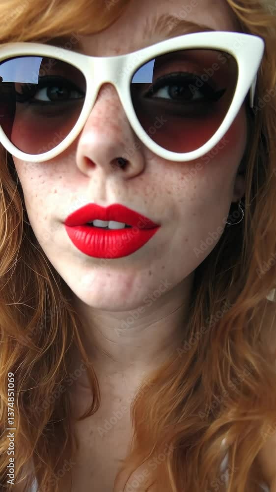 Bright red lips and stylish sunglasses create a bold summer look with a focus on beauty and confidence Bright red lips and stylish sunglasses create a bold summer look with a focus on beauty and confidence