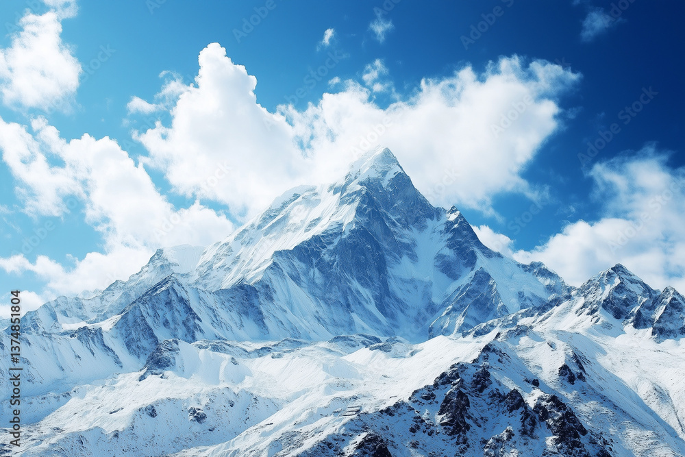 Obraz premium Snowy Mountain Peaks Against Blue Sky and Clouds in Wintertime
