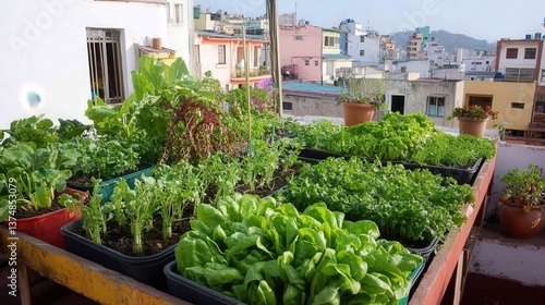 Urban rooftop garden filled with various plants in pots, offering a lush green view against a city backdrop.
