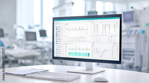 A modern computer monitor displaying medical data and analytics in a clinical environment, with a focus on technology and healthcare.