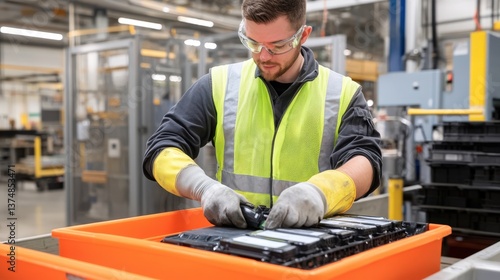 A worker in safety gear assembles components in a bright industrial setting, focused on task while using gloves and tools for precision.