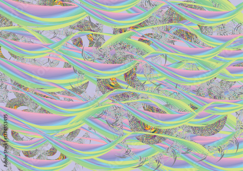 Beautiful tropical backdrop with wavy lines for interiors or fabrics. Chaotic linear and floral motifs in psychedelic tones for business concepts, textiles, interior solutions, covers, posters