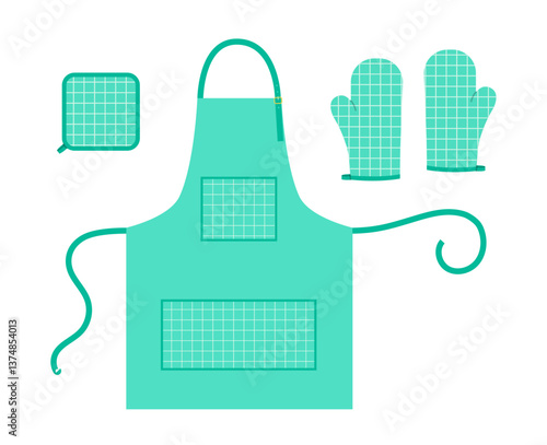 Set of Aprons, Oven Gloves and potholder Fashion mint cartoon windowpane tartan check pattern hand accessory clothing technical illustration garment. Vector for Men, women, unisex style flat template
