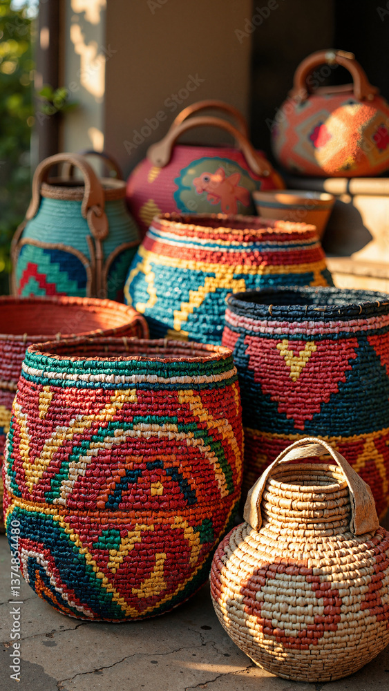 Colorful handmade woven baskets with intricate patterns, isolated on transparent background, ideal for home decor, sustainable living, and cultural heritage marketing keywords: baskets, handmade Colorful handmade woven baskets with intricate patterns, isolated on transparent background, ideal for home decor, sustainable living, and cultural heritage marketing keywords: baskets, handmade