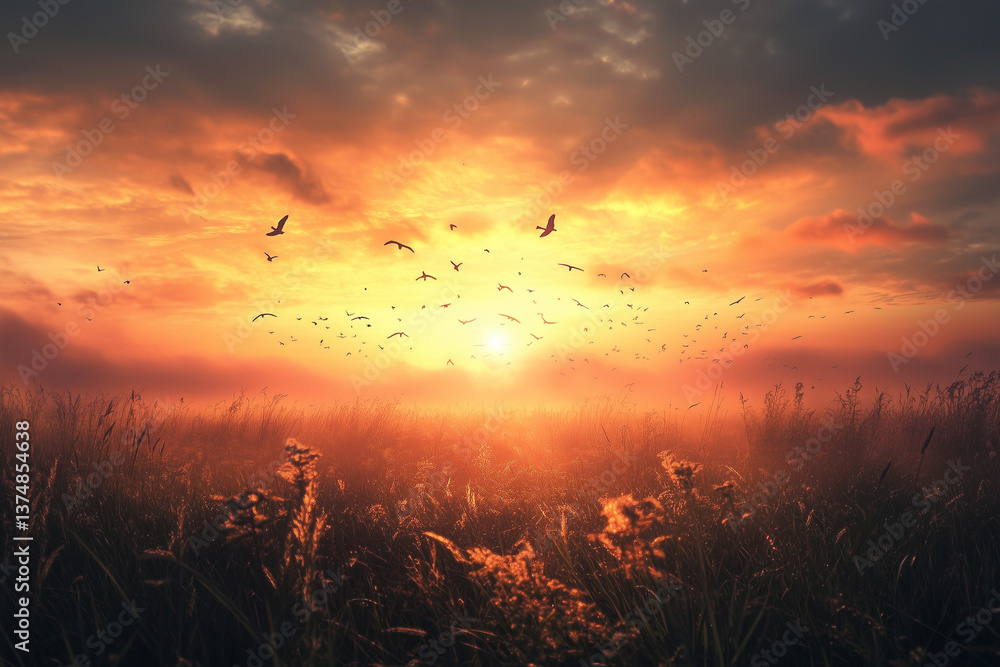 Obraz premium Birds Flying over Field at Sunset with Warm Light and Hazy Sky