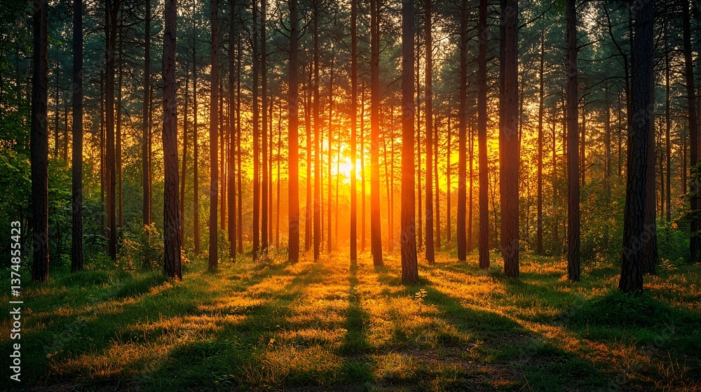 Fototapeta premium Golden Sunset Through Pine Forest (1)