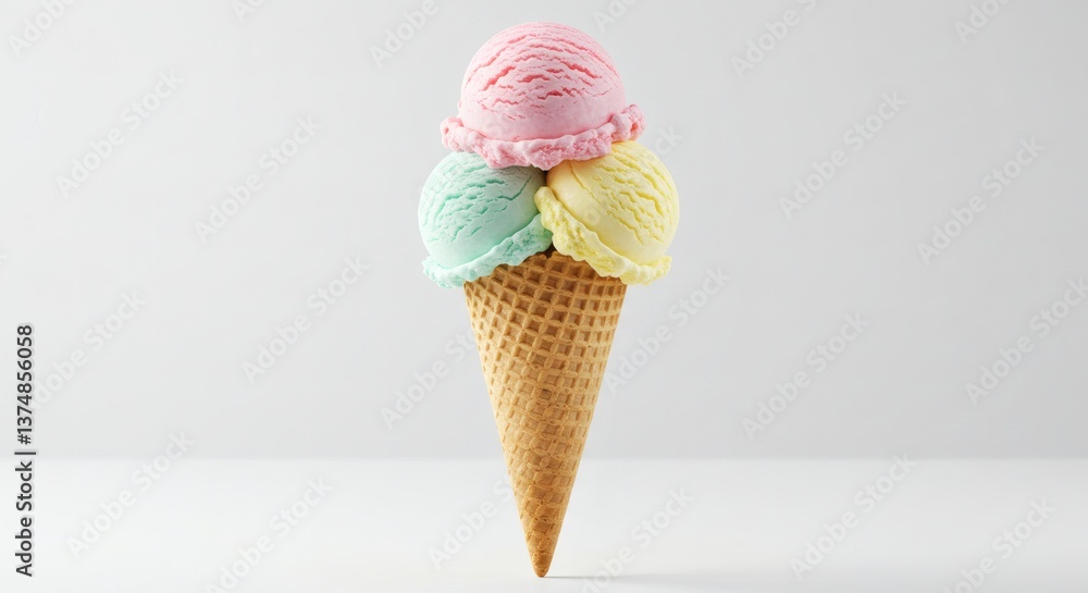 Colorful Three-Scoop Ice Cream Cone with Pastel Tones on White Background Colorful Three-Scoop Ice Cream Cone with Pastel Tones on White Background