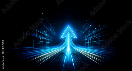 Vibrant blue arrow points upward on dark. Light streaks convey speed, forward direction, and progress. Dynamic motion depicted.