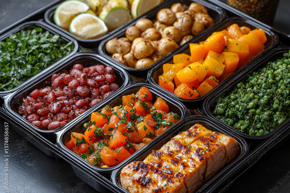 A subscription-based meal kit with pre-portioned ingredients and recipes. Concept of convenience culture and health-focused consumption. A subscription-based meal kit with pre-portioned ingredients and recipes. Concept of convenience culture and health-focused consumption.