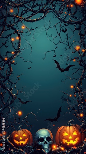 Wallpaper Mural Eerie halloween scene featuring glowing pumpkins, a skull, bats, and spooky, illuminated trees. Torontodigital.ca