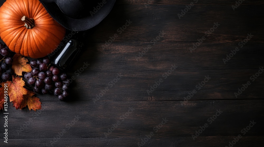A charming arrangement of Halloween elements featuring a pumpkin, assorted grapes, and a classic witch hat on a dark wooden background, radiating autumn vibes. A charming arrangement of Halloween elements featuring a pumpkin, assorted grapes, and a classic witch hat on a dark wooden background, radiating autumn vibes.