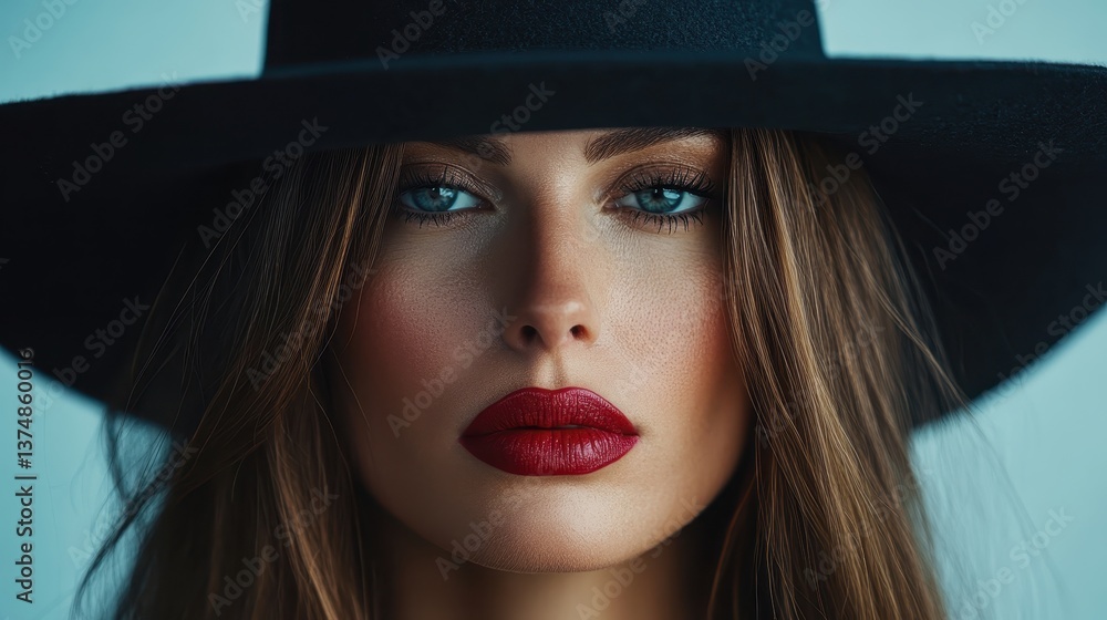 A powerful close-up image of a model featuring a flawless complexion and radiant red lips, framed by a fashionable hat, capturing the essence of beauty and artistic vision. A powerful close-up image of a model featuring a flawless complexion and radiant red lips, framed by a fashionable hat, capturing the essence of beauty and artistic vision.