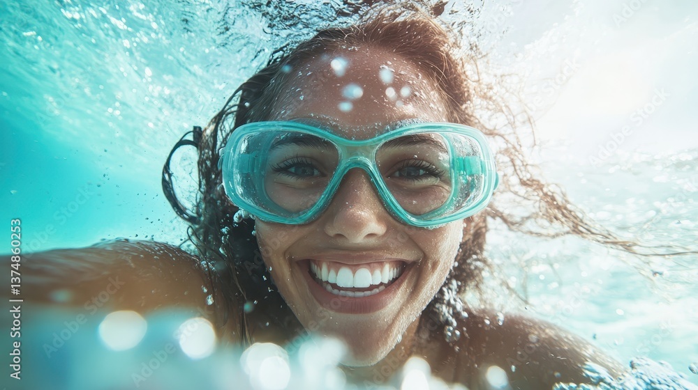 Fototapeta premium A cheerful young woman smiles while swimming underwater, showcasing her excitement and joy, highlighted by the vibrant blue water and bubbles around her.