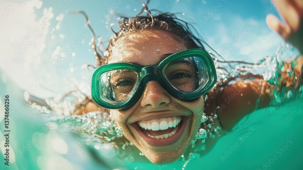 Fototapeta premium A cheerful woman swims underwater, showcasing vibrant energy with her gear while capturing the essence of joy and refreshment in a serene aquatic environment.