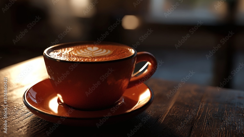 Obraz premium Coffee Cup with Latte Art on Wooden Table in Warm Light