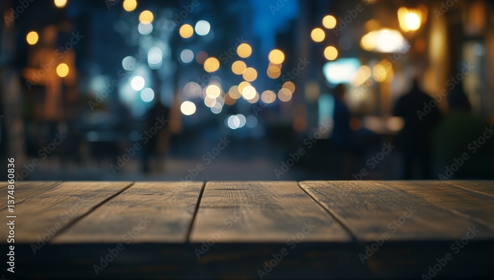 Empty wooden table at night in a city street with blurred people Empty wooden table at night in a city street with blurred people
