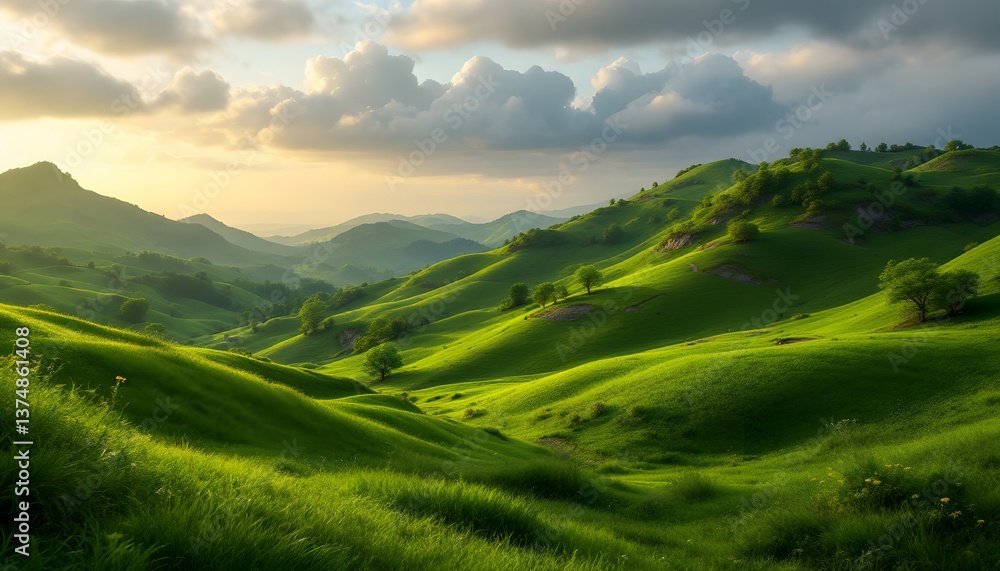 Fototapeta premium Rolling Green Hills: A breathtaking panorama unfolds, showcasing rolling green hills under a dramatic, cloud-filled sky, a testament to nature's artistry and the serenity of the landscape.