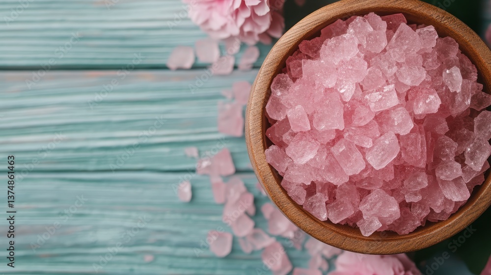 This image features pink Himalayan salt beautifully presented in a wooden bowl, complemented by delicate pink flowers creating a serene and calming atmosphere. This image features pink Himalayan salt beautifully presented in a wooden bowl, complemented by delicate pink flowers creating a serene and calming atmosphere.