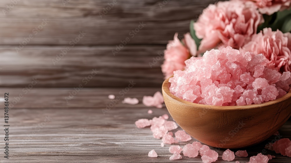 This artistic image showcases pink salt in a rustic wooden bowl, surrounded by charming pink flowers, evoking a sense of natural beauty and tranquility. This artistic image showcases pink salt in a rustic wooden bowl, surrounded by charming pink flowers, evoking a sense of natural beauty and tranquility.