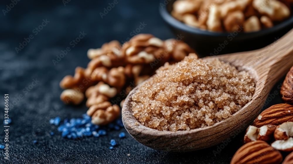 A close-up image of brown sugar surrounded by assorted nuts, creating an inviting composition that represents indulgence and pleasure associated with delicious snacks. A close-up image of brown sugar surrounded by assorted nuts, creating an inviting composition that represents indulgence and pleasure associated with delicious snacks.