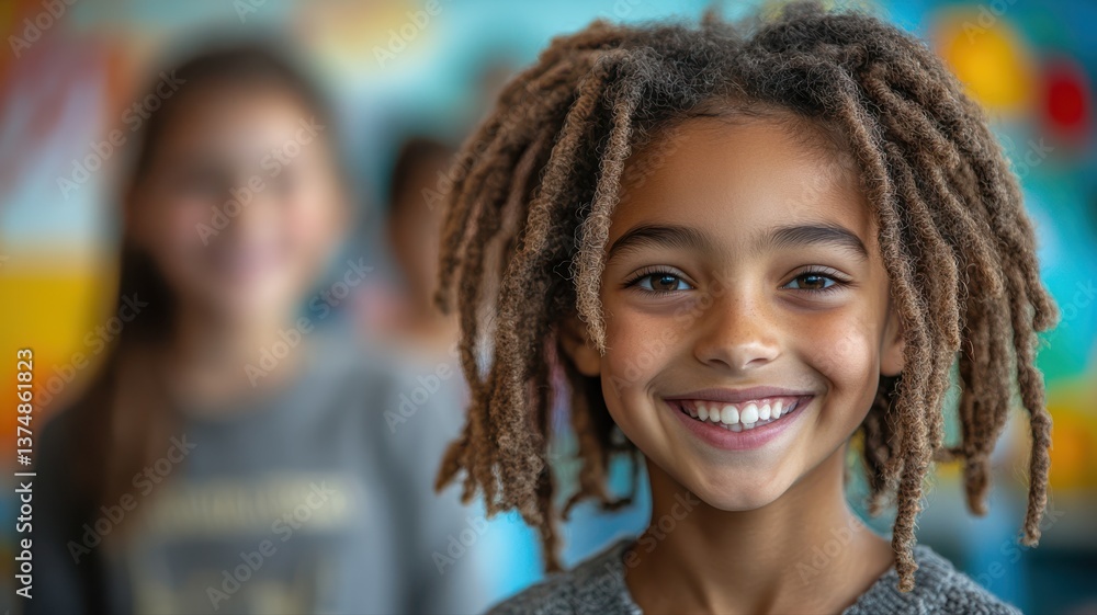 A joyful child with curly dreadlocks smiles widely, showcasing a cheerful expression. Friends can be seen in the background, creating a lively atmosphere in a vibrant setting A joyful child with curly dreadlocks smiles widely, showcasing a cheerful expression. Friends can be seen in the background, creating a lively atmosphere in a vibrant setting