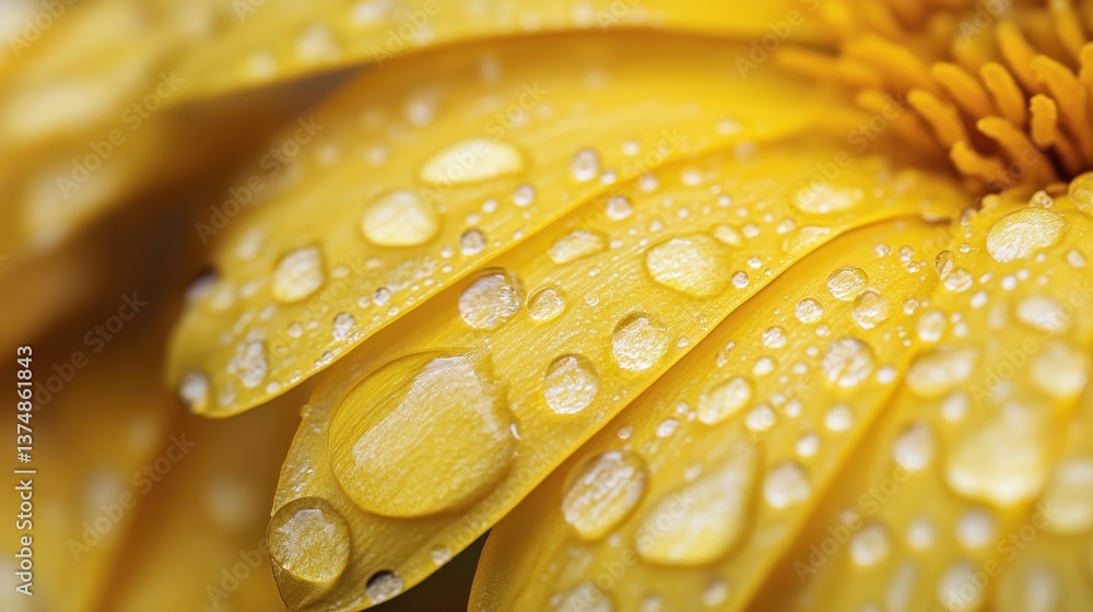 This close-up view showcases yellow flower petals glimmering with dew drops, emphasizing nature's exquisite details and evoking feelings of freshness and serene beauty. This close-up view showcases yellow flower petals glimmering with dew drops, emphasizing nature's exquisite details and evoking feelings of freshness and serene beauty.