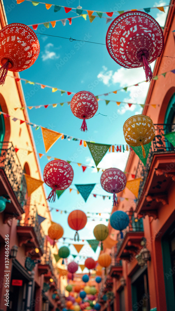 Vibrant Cinco de Mayo celebration with colorful papel picado and sombreros isolated on transparent background, ideal for marketing, social media, and cultural event promotions keywords: Cinco de