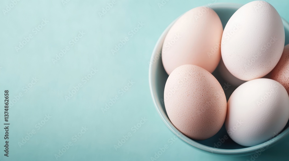 Fototapeta premium In this composition, four fresh white eggs are arranged neatly in a light blue bowl, presenting a simple yet elegant theme of natural beauty and purity.